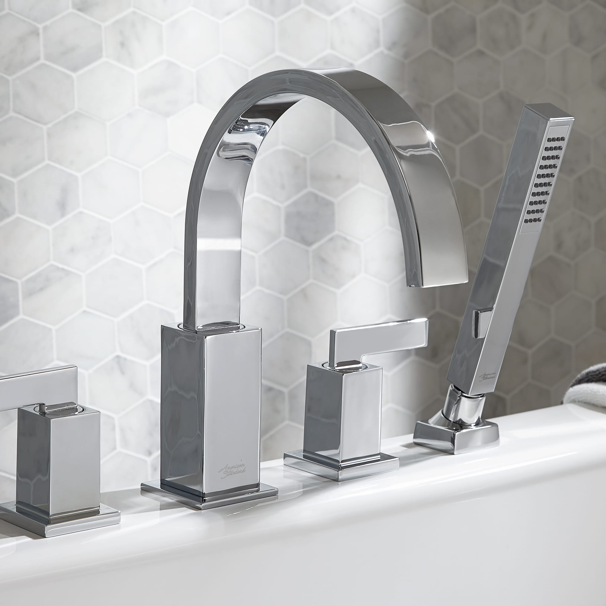 Town Square Bathtub Faucet with Personal Shower for Flash Rough-in Valve with Lever Handles